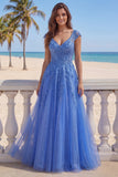 V-Neck A Line Dark Blue Corset Beaded Appliqued Prom Dress with Cap Sleeves