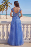 V-Neck A Line Dark Blue Corset Beaded Appliqued Prom Dress with Cap Sleeves