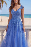 V-Neck A Line Dark Blue Corset Beaded Appliqued Prom Dress with Cap Sleeves