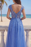 V-Neck A Line Dark Blue Corset Beaded Appliqued Prom Dress with Cap Sleeves