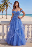 Off The Shoulder Dark Blue A Line Ruffled Beaded Corset Prom Dress with Appliques