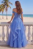 Off The Shoulder Dark Blue A Line Ruffled Beaded Corset Prom Dress with Appliques