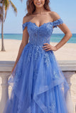 Off The Shoulder Dark Blue A Line Ruffled Beaded Corset Prom Dress with Appliques