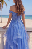 Off The Shoulder Dark Blue A Line Ruffled Beaded Corset Prom Dress with Appliques
