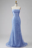 Strapless Blue Mermaid Pearls Corset Long Prom Dress