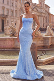 Strapless Blue Mermaid Pearls Corset Long Prom Dress