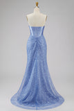 Strapless Blue Mermaid Pearls Corset Long Prom Dress