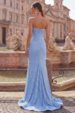 Strapless Blue Mermaid Pearls Corset Long Prom Dress