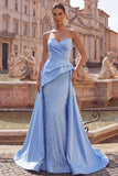 Sweetheart Blue Ruched Mermaid Pearls Long Prom Dress
