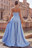 Sweetheart Blue Ruched Mermaid Pearls Long Prom Dress