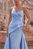 Sweetheart Blue Ruched Mermaid Pearls Long Prom Dress