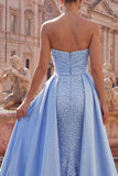 Sweetheart Blue Ruched Mermaid Pearls Long Prom Dress
