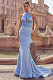 Halter Keyhole Blue Mermaid Pearls Long Prom Dress