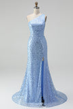One Shoulder Mermaid Blue Pearls Prom Dress with Slit