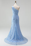 One Shoulder Mermaid Blue Pearls Prom Dress with Slit