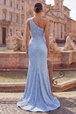 One Shoulder Mermaid Blue Pearls Prom Dress with Slit