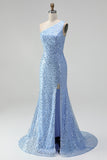 One Shoulder Mermaid Blue Pearls Prom Dress with Slit