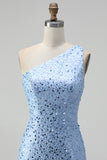One Shoulder Mermaid Blue Pearls Prom Dress with Slit