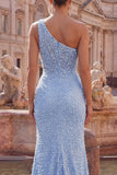 One Shoulder Mermaid Blue Pearls Prom Dress with Slit