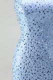 One Shoulder Mermaid Blue Pearls Prom Dress with Slit