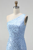 One Shoulder Mermaid Blue Pearls Prom Dress with Slit