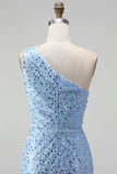 One Shoulder Mermaid Blue Pearls Prom Dress with Slit