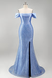 Off The Shoulder Blue Mermaid Pearls Corset Prom Dress with Slit