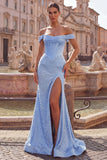 Off The Shoulder Blue Mermaid Pearls Corset Prom Dress with Slit