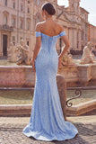 Off The Shoulder Blue Mermaid Pearls Corset Prom Dress with Slit