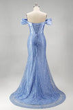 Off The Shoulder Blue Mermaid Pearls Corset Prom Dress with Slit