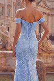 Off The Shoulder Blue Mermaid Pearls Corset Prom Dress with Slit