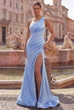 One Shoulder Mermaid Blue Ruched Pearls Prom Dress with Slit