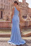 One Shoulder Mermaid Blue Ruched Pearls Prom Dress with Slit