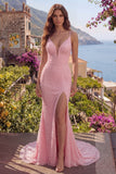 Mermaid Pink Spaghetti Straps Sequin Prom Dress with Slit