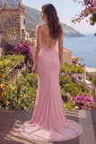 Mermaid Pink Spaghetti Straps Sequin Prom Dress with Slit