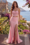 Sweetheart 2 Piece Pink Mermaid Corset Sequin Prom Dress with Slit
