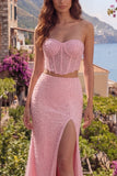 Sweetheart 2 Piece Pink Mermaid Corset Sequin Prom Dress with Slit