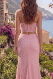 Sweetheart 2 Piece Pink Mermaid Corset Sequin Prom Dress with Slit