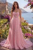 Strapless Pink Sequin A Line Floral Corset Prom Dress