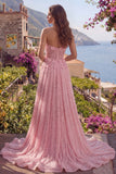 Strapless Pink Sequin A Line Floral Corset Prom Dress