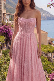 Strapless Pink Sequin A Line Floral Corset Prom Dress