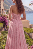 Strapless Pink Sequin A Line Floral Corset Prom Dress