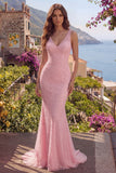 V-Neck Mermaid Pink Long Prom Dress with Beadings