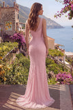 V-Neck Mermaid Pink Long Prom Dress with Beadings