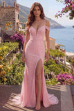 Cold Shoulder Pink Mermaid Beaded Prom Dress with Slit