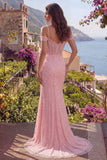 Cold Shoulder Pink Mermaid Beaded Prom Dress with Slit