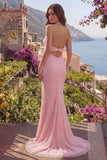 Halter Beaded Mermaid Pink Long Prom Dress with Slit