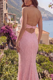 Halter Beaded Mermaid Pink Long Prom Dress with Slit