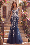 Navy Mermaid Cold Shoulder Long Prom Dress with Appliques