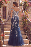 Navy Mermaid Cold Shoulder Long Prom Dress with Appliques